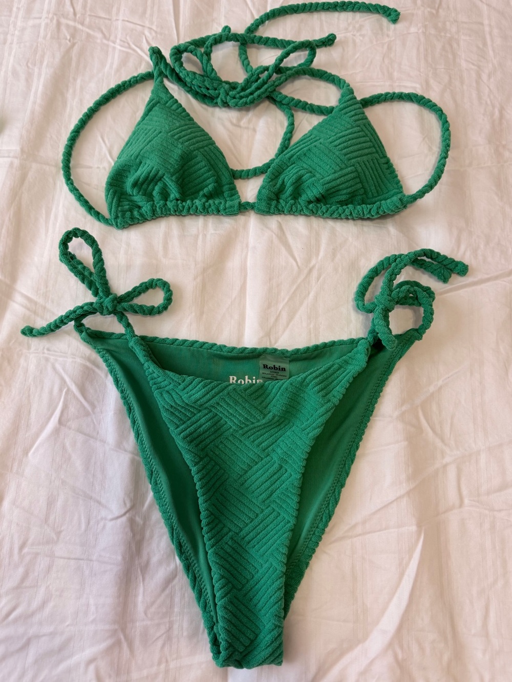 Robin Collection Green Textured Triangle Tie Bikini Set Size S